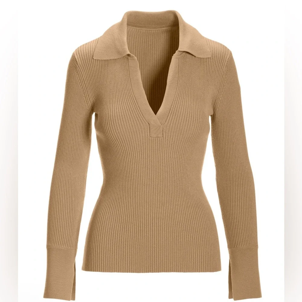 Boston Proper Ribbed Polo Sweater Tan Small Knit Preppy Classic